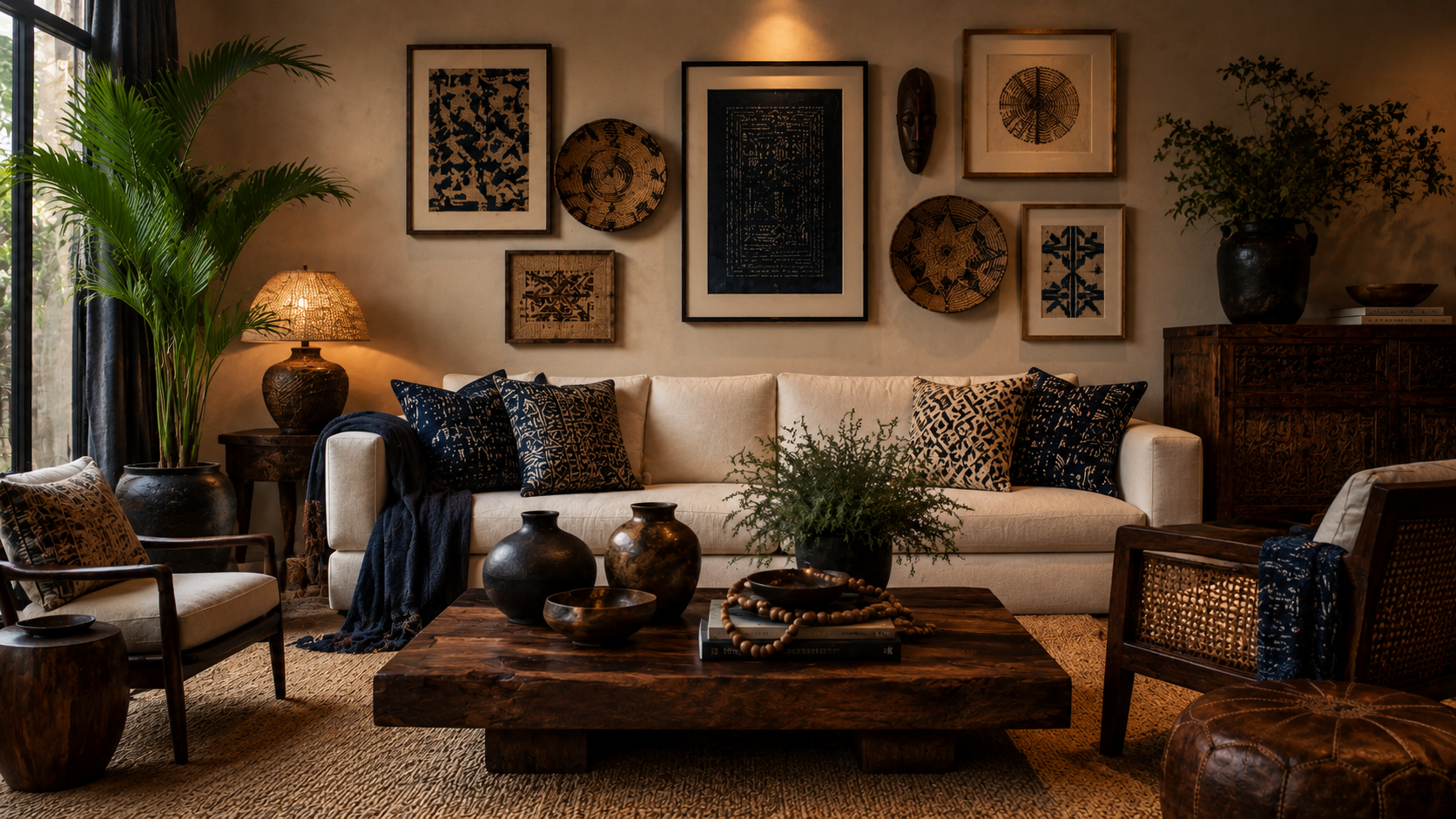Collected living room filled with vintage dark wood furniture, handcrafted ceramics and indigo textiles